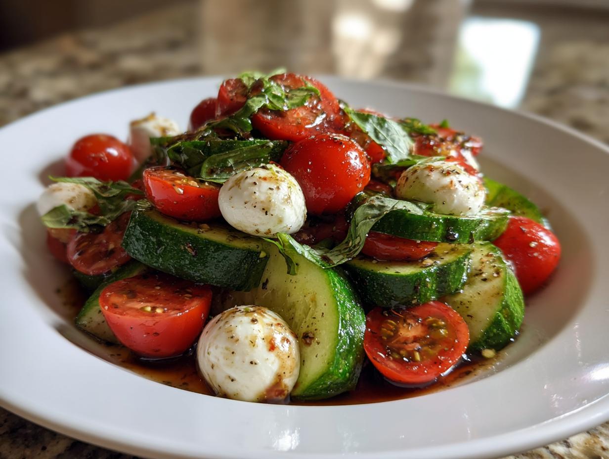 A vibrant Summer Caprese Cucumber Salad featuring cherry tomatoes, mozzarella balls, and thick cucumber slices drizzled with balsamic.