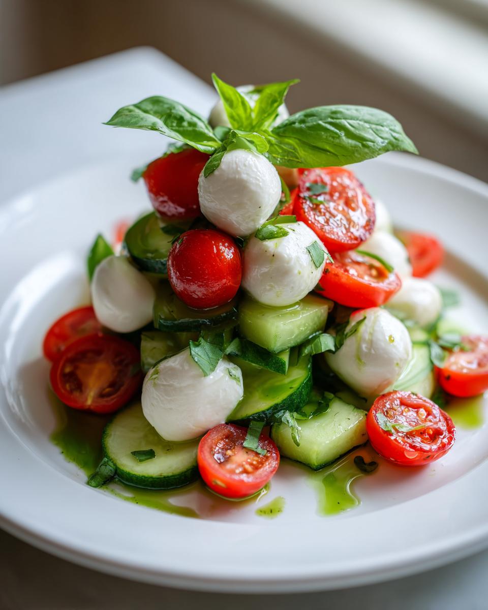 A vibrant Summer Caprese Cucumber Salad featuring cherry tomatoes, mozzarella balls, and basil dressing.