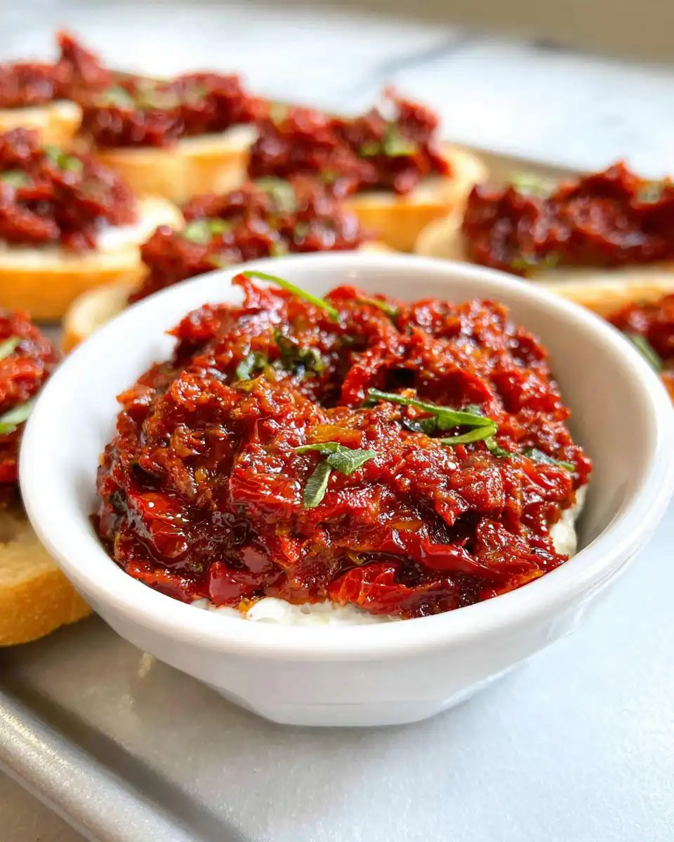 A small white bowl filled with vibrant Sun-Dried Tomato Bruschetta Dip, garnished with herbs, with toasted bread slices in the background.