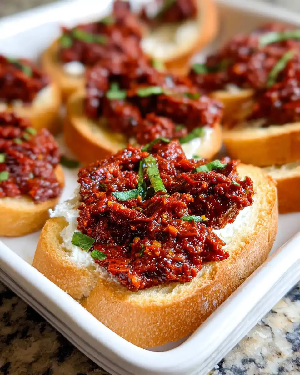 Close-up of a crostini topped with creamy cheese and rich Sun-Dried Tomato Bruschetta Dip, garnished with basil.
