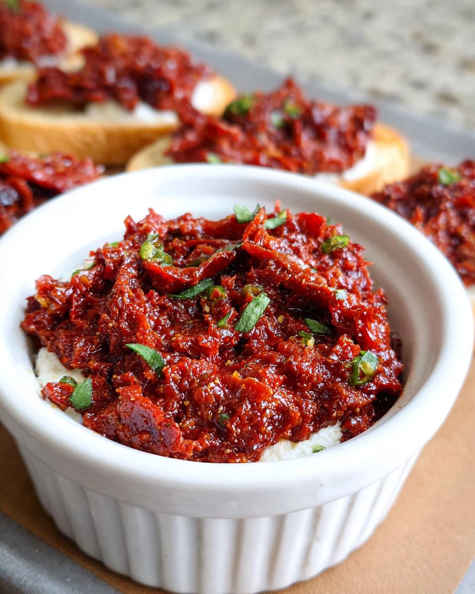 A white ramekin filled with creamy white cheese topped generously with vibrant Sun-Dried Tomato Bruschetta Dip and fresh herbs.