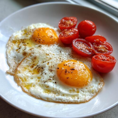 Two sunny-side-up fried eggs seasoned with pepper, served with halved cherry tomatoes, perfect for Brunch Eggs Without Heavy Ingredients.