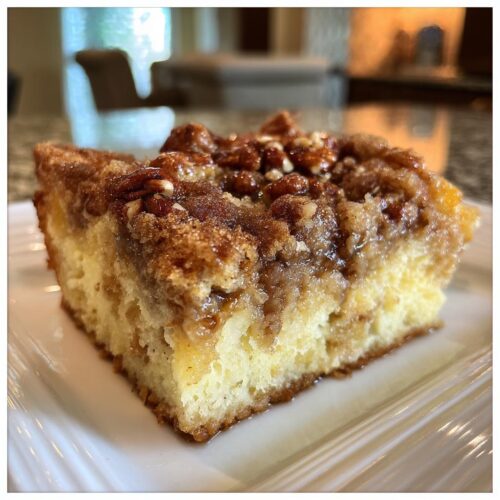 A close-up of a square slice of moist coffee cake with a thick, gooey pecan streusel topping, perfect for a Sweet Breakfast for Cozy Mornings.