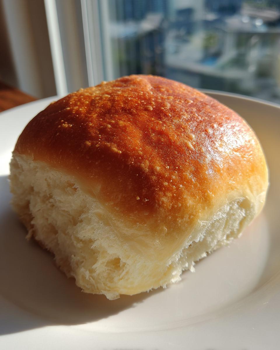 A single, golden-brown, fluffy roll made from Sweet Breakfast Dough Made at Home, sitting on a white plate.