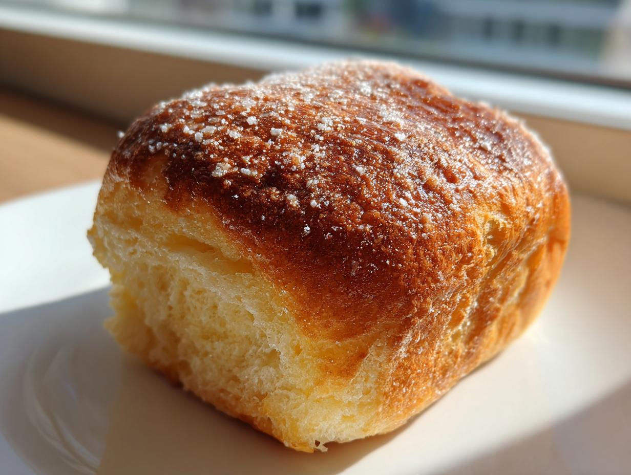 Close-up of a freshly baked, golden brown Sweet Breakfast Dough Made at Home, sprinkled with coarse sugar.