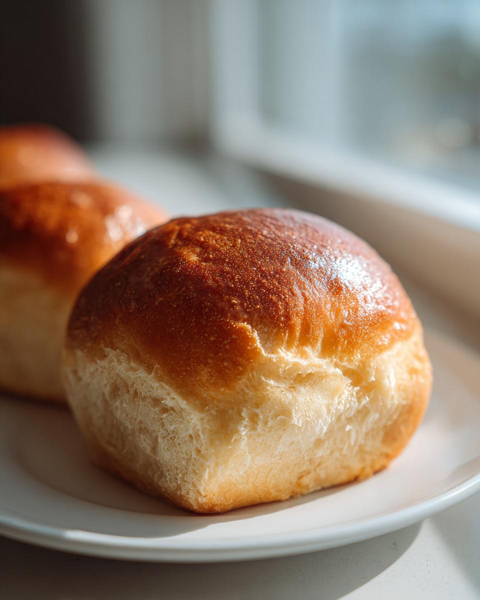 Close-up of a freshly baked, golden-brown roll made from Sweet Breakfast Dough Made at Home, sitting on a white plate.