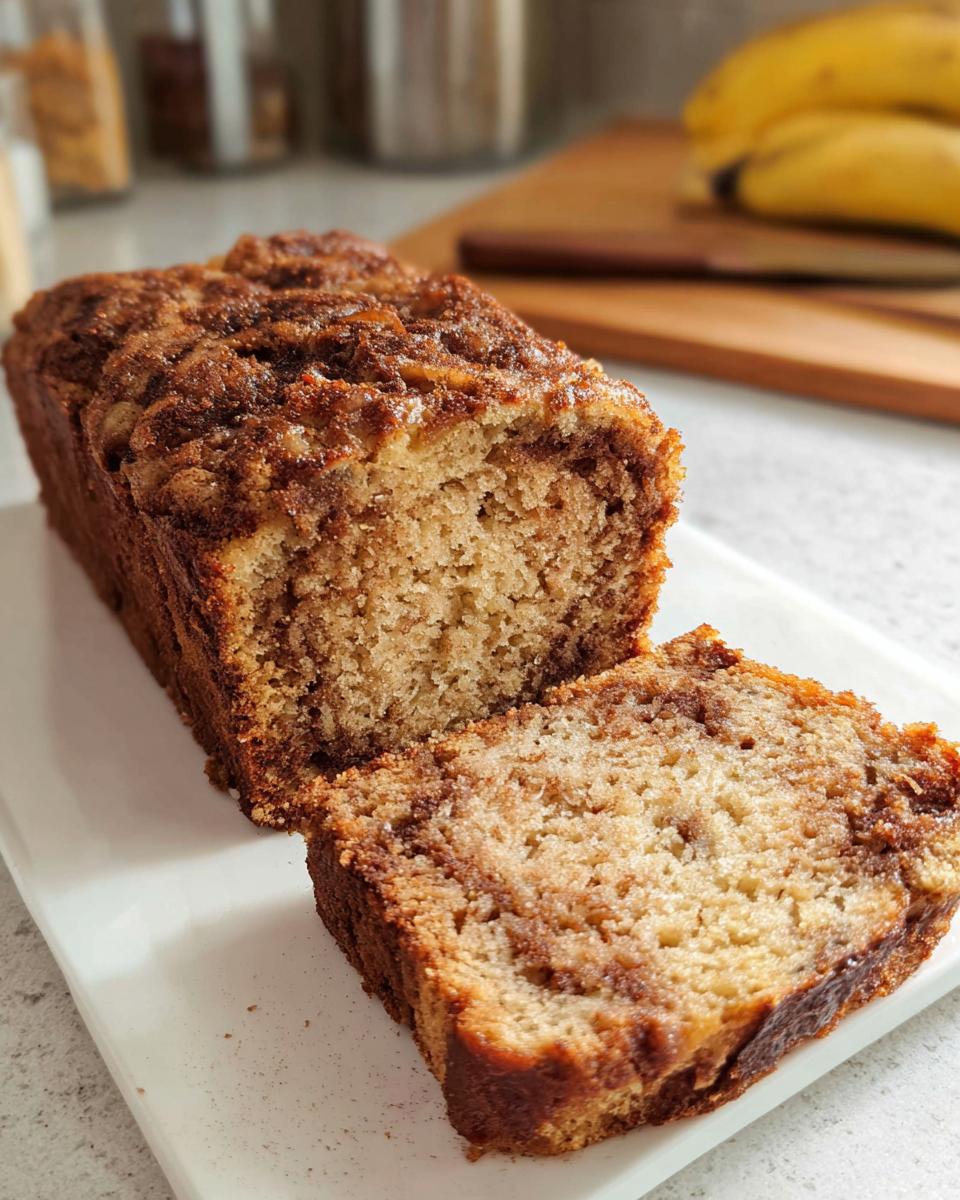 A loaf of Sweet Cinnamon Banana Cake, partially sliced, showing the moist crumb and cinnamon swirl.