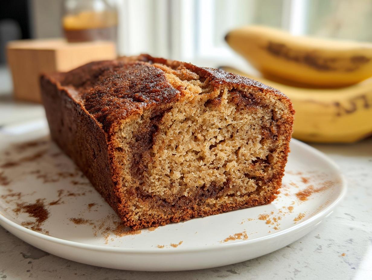 Close-up of a slice of Sweet Cinnamon Banana Cake loaf showing the moist crumb and cinnamon swirl.