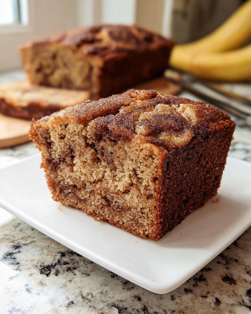 A moist slice of Sweet Cinnamon Banana Cake with a rich cinnamon swirl topping, served on a white plate.