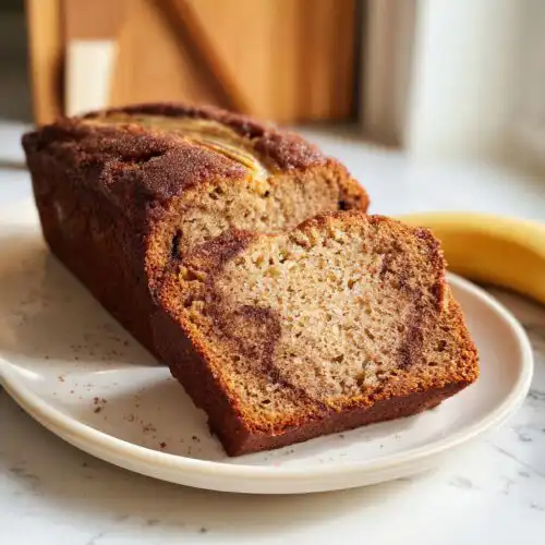 A slice cut from a loaf of Sweet Cinnamon Banana Cake, showing a moist crumb and cinnamon swirl.