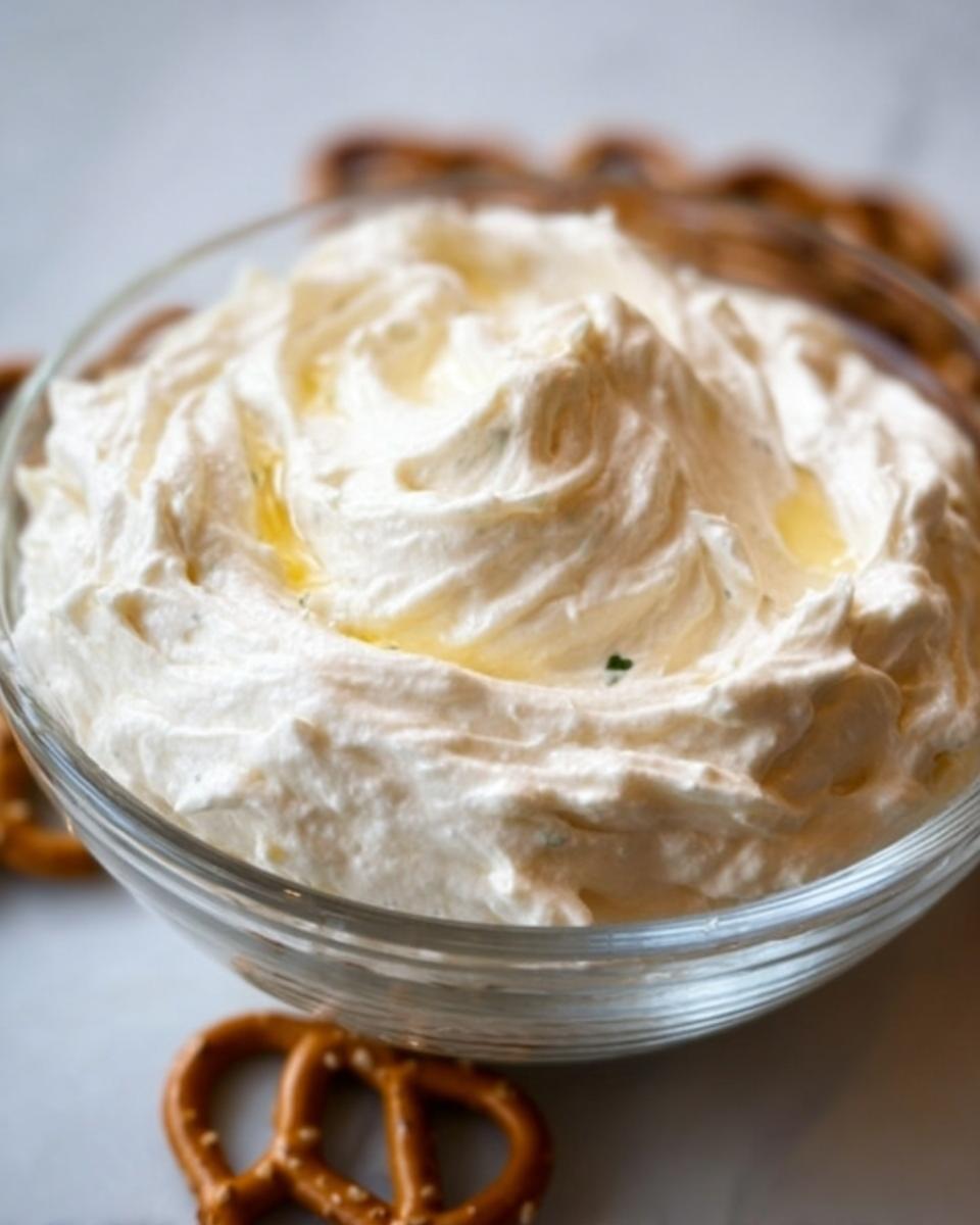 Close-up of a glass bowl filled with fluffy Sweet Cream Cheese Pretzel Dip, surrounded by pretzels.