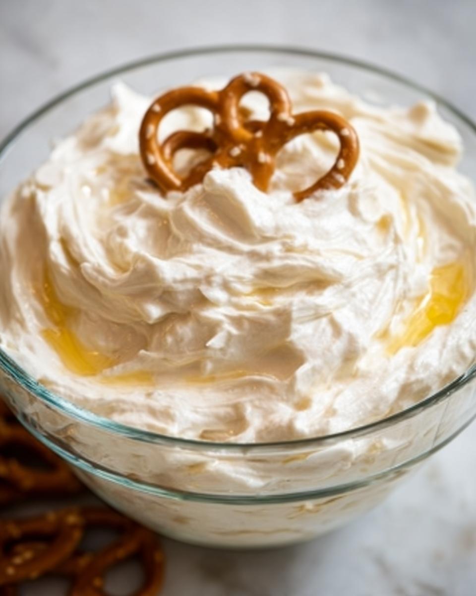 Close-up of creamy Sweet Cream Cheese Pretzel Dip drizzled with honey, topped with a pretzel.