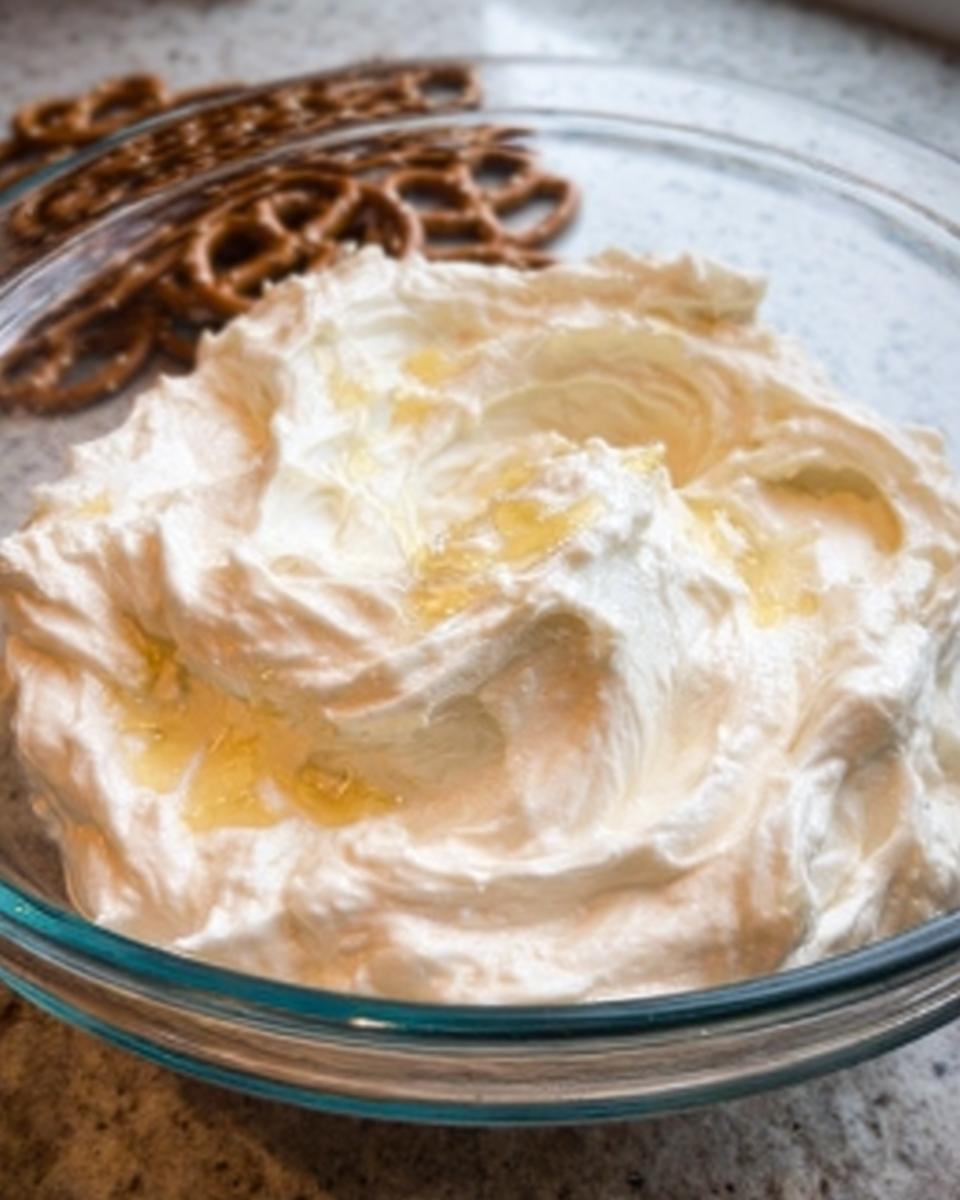 Close-up of creamy Sweet Cream Cheese Pretzel Dip drizzled with honey in a glass bowl, with pretzels blurred in the background.