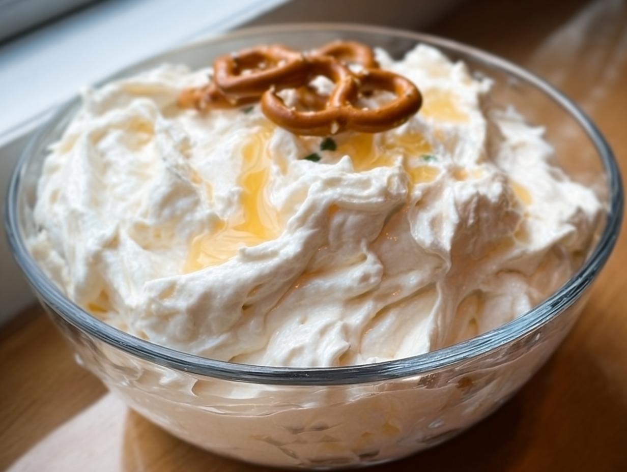 A close-up of the Sweet Cream Cheese Pretzel Dip, showing whipped cream cheese topped with honey and mini pretzels.
