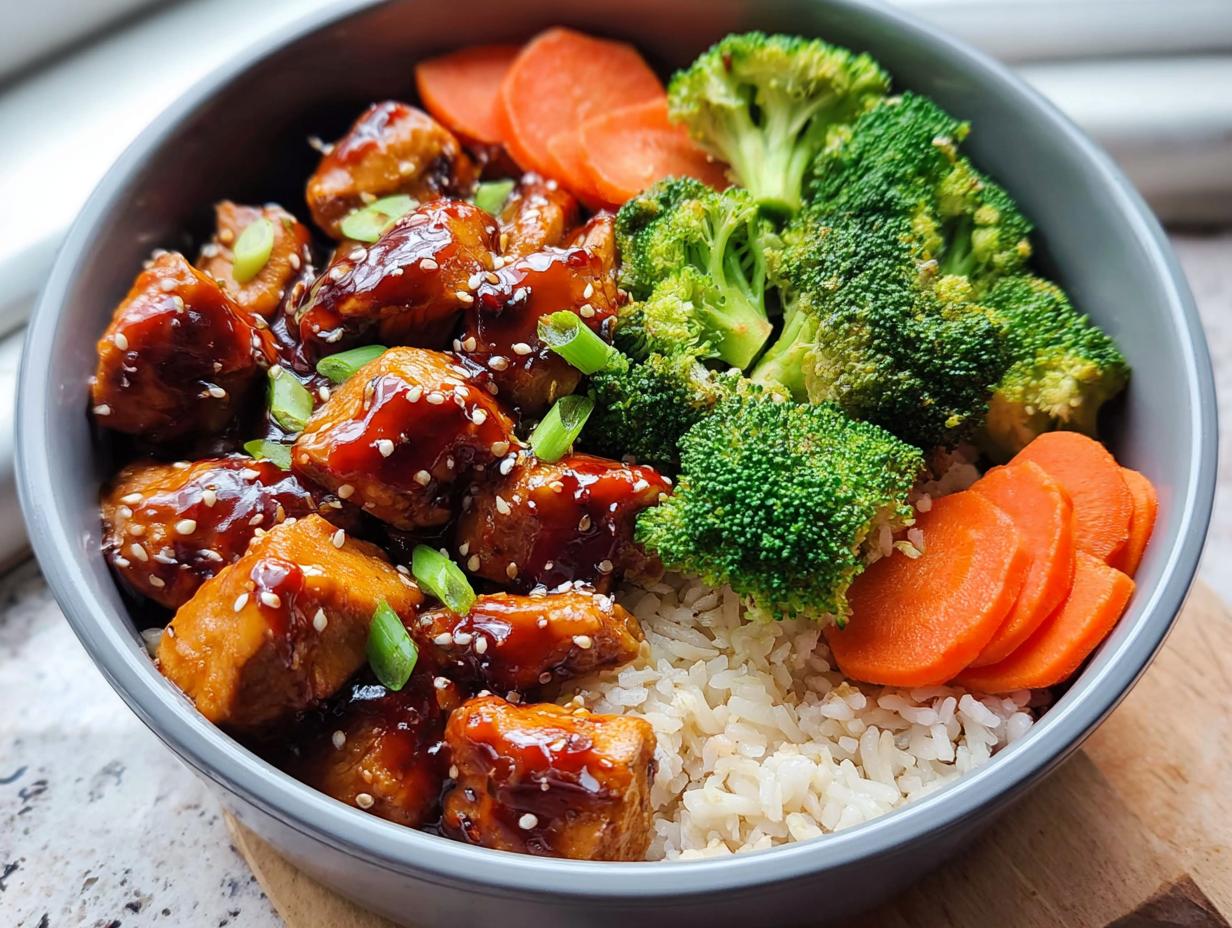 Close-up of a Teriyaki Chicken Meal Prep Bowl featuring glazed chicken, brown rice, bright green broccoli, and sliced carrots.