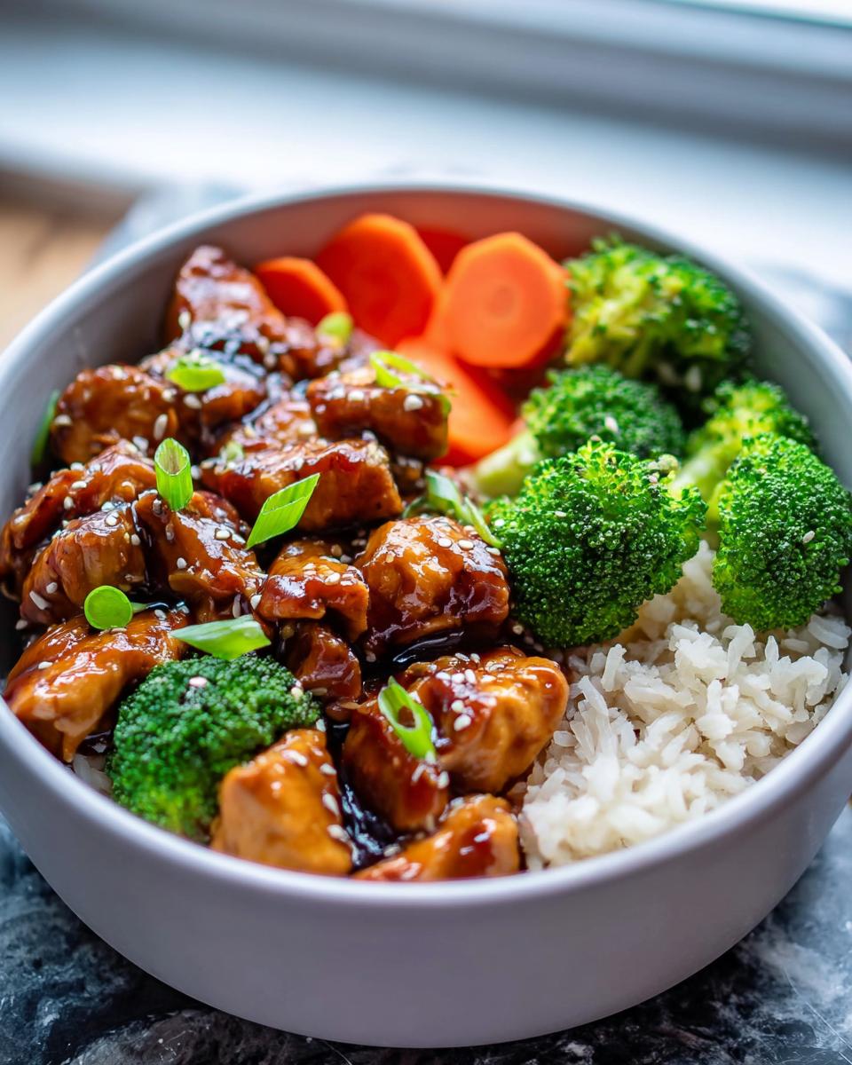 Close-up of a Teriyaki Chicken Meal Prep Bowl featuring glazed chicken, broccoli, carrots, and white rice.