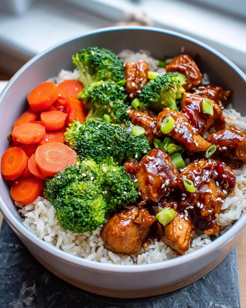 A close-up of a Teriyaki Chicken Meal Prep Bowl featuring sticky teriyaki chicken, steamed broccoli, sliced carrots, and white rice.