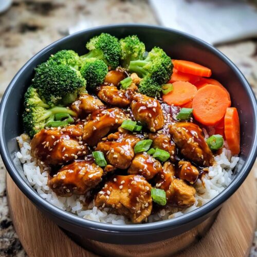 Close-up of a Teriyaki Chicken Meal Prep Bowl featuring glazed chicken, white rice, steamed broccoli, and sliced carrots.