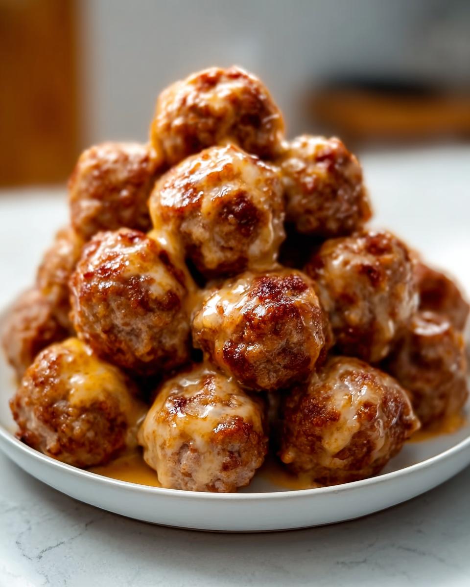 A mound of baked Turkey Rotel Sausage Balls covered in melted cheese sauce on a white plate.