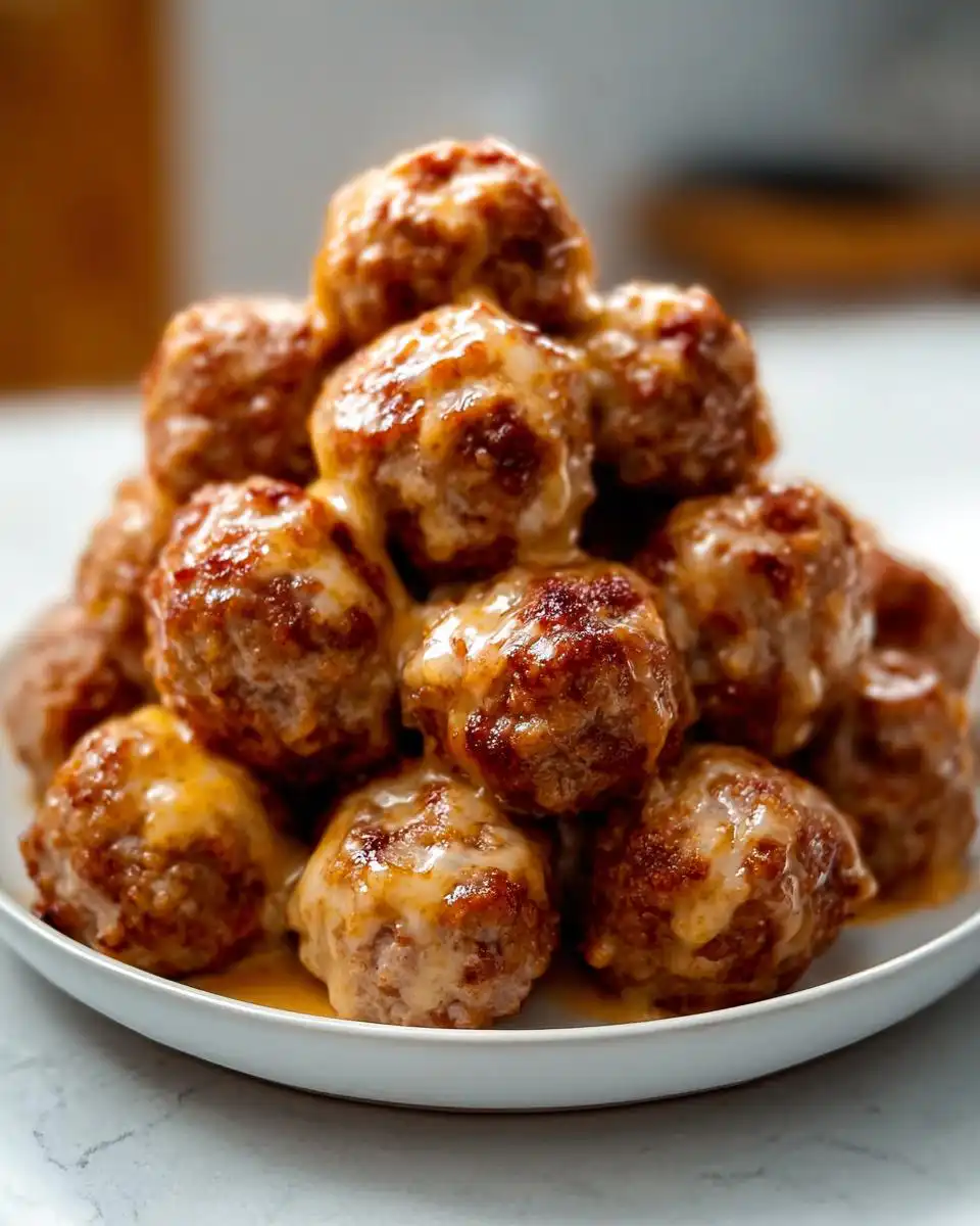 A mound of baked Turkey Rotel Sausage Balls covered in melted cheese sauce on a white plate.