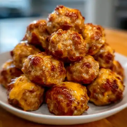 A mound of freshly baked Turkey Rotel Sausage Balls piled high on a white plate, featuring a golden, cheesy crust.
