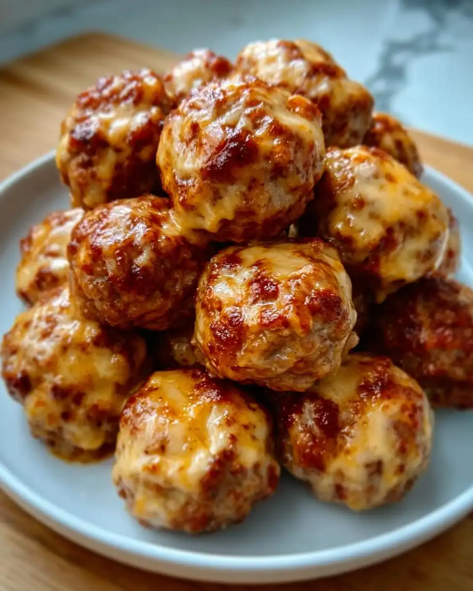 A close-up stack of freshly baked Turkey Rotel Sausage Balls, topped with melted, slightly browned cheese.