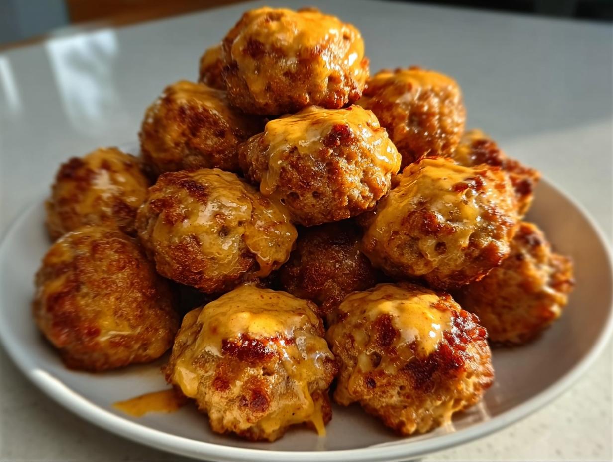A close-up of a mound of golden-brown Turkey Rotel Sausage Balls topped with melted cheese.