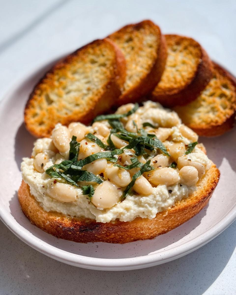 A piece of toasted bread topped with creamy White Bean Bruschetta Dip, whole white beans, and fresh herbs.