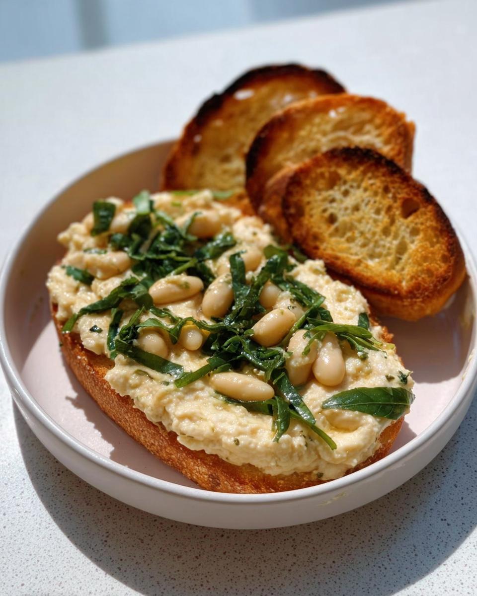 A slice of toasted bread generously topped with creamy White Bean Bruschetta Dip, whole white beans, and fresh herbs.