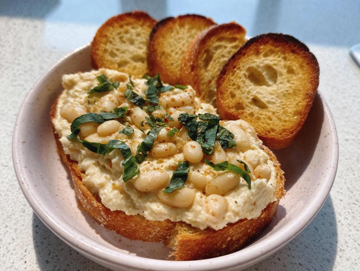 A slice of toasted bread topped generously with creamy White Bean Bruschetta Dip, whole white beans, and fresh basil.
