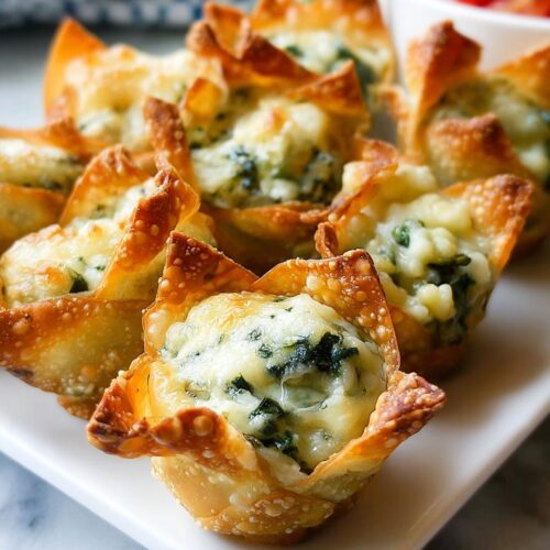 Close-up of baked White Cheddar Spinach Wonton Cups with crispy edges and melted cheese filling.