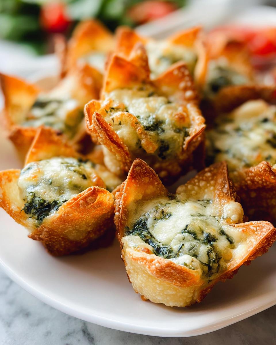 Close-up of baked White Cheddar Spinach Wonton Cups with crispy edges and melted cheese topping.