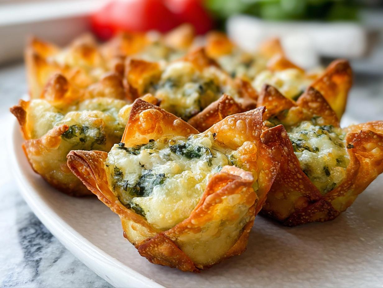 Close-up of golden baked White Cheddar Spinach Wonton Cups filled with melted cheese and spinach.