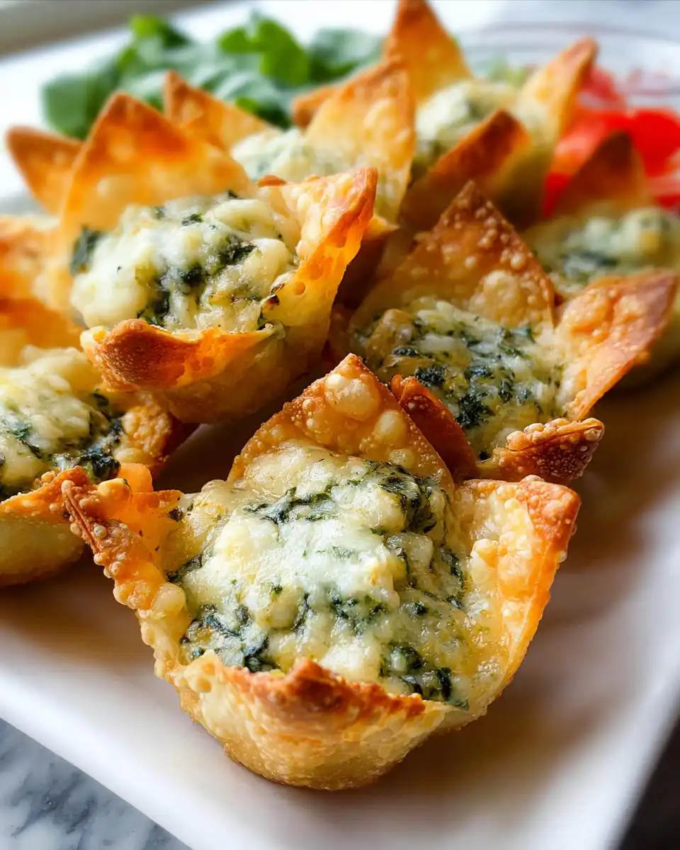 Close-up of baked White Cheddar Spinach Wonton Cups filled with cheesy spinach mixture.