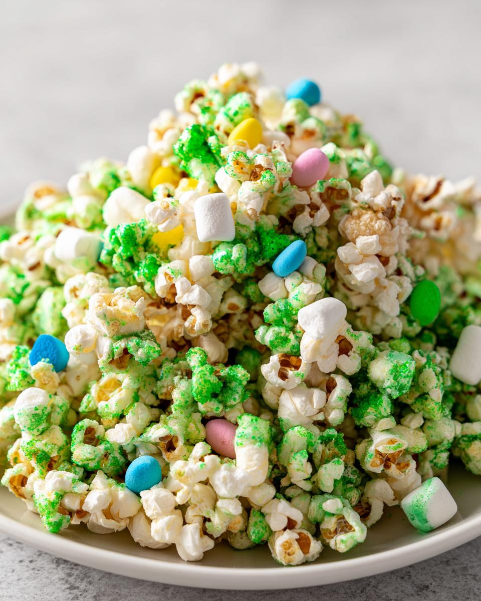 A mound of White Chocolate Leprechaun Popcorn mixed with green sprinkles, marshmallows, and pastel candies.