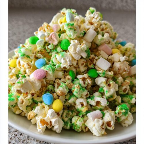 A close-up of White Chocolate Leprechaun Popcorn mixed with green sprinkles, mini marshmallows, and pastel candies.