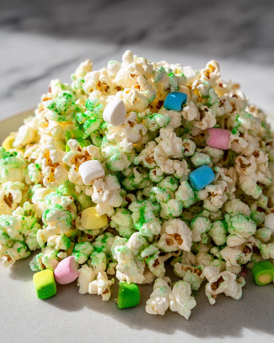 A mound of White Chocolate Leprechaun Popcorn coated in white chocolate and green sprinkles, mixed with colorful marshmallows.