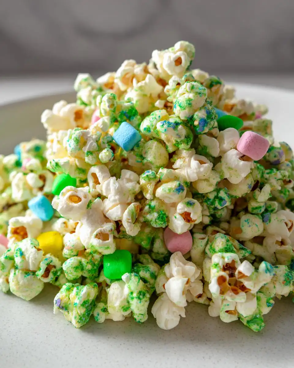 Close-up of White Chocolate Leprechaun Popcorn mixed with green speckles and colorful mini marshmallows.