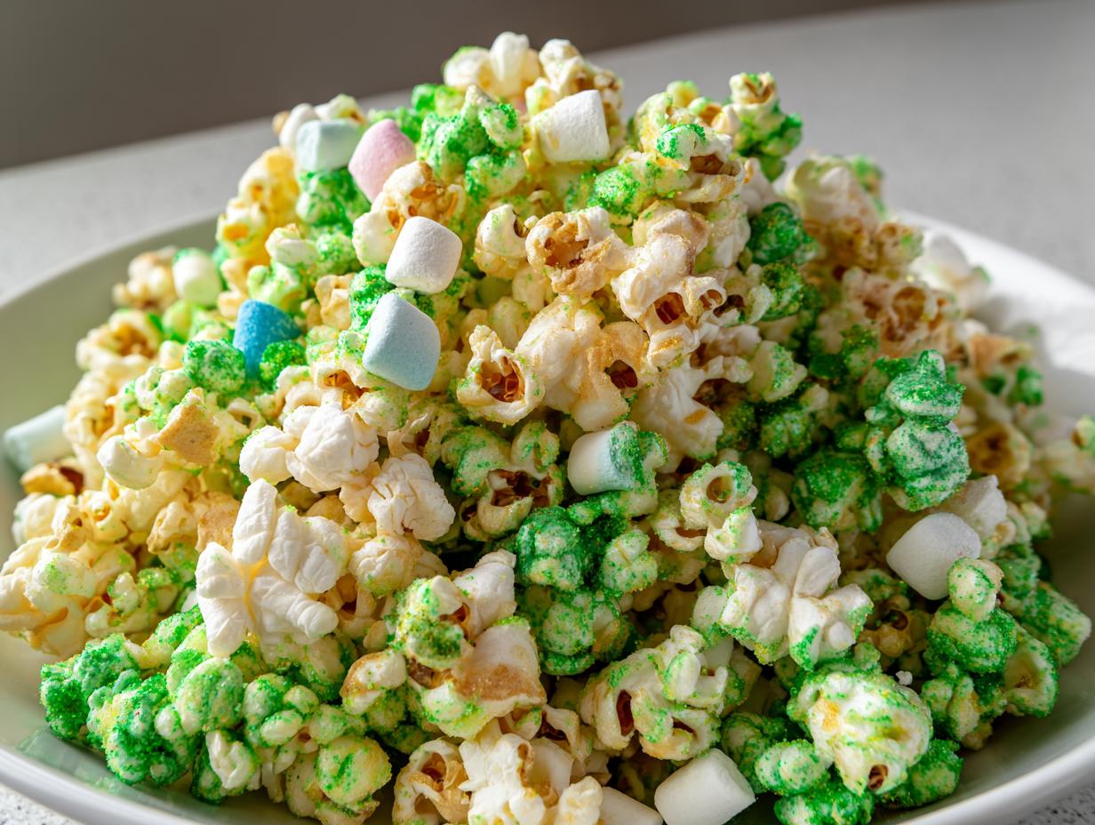Close-up of White Chocolate Leprechaun Popcorn mixed with green coating and colorful mini marshmallows.