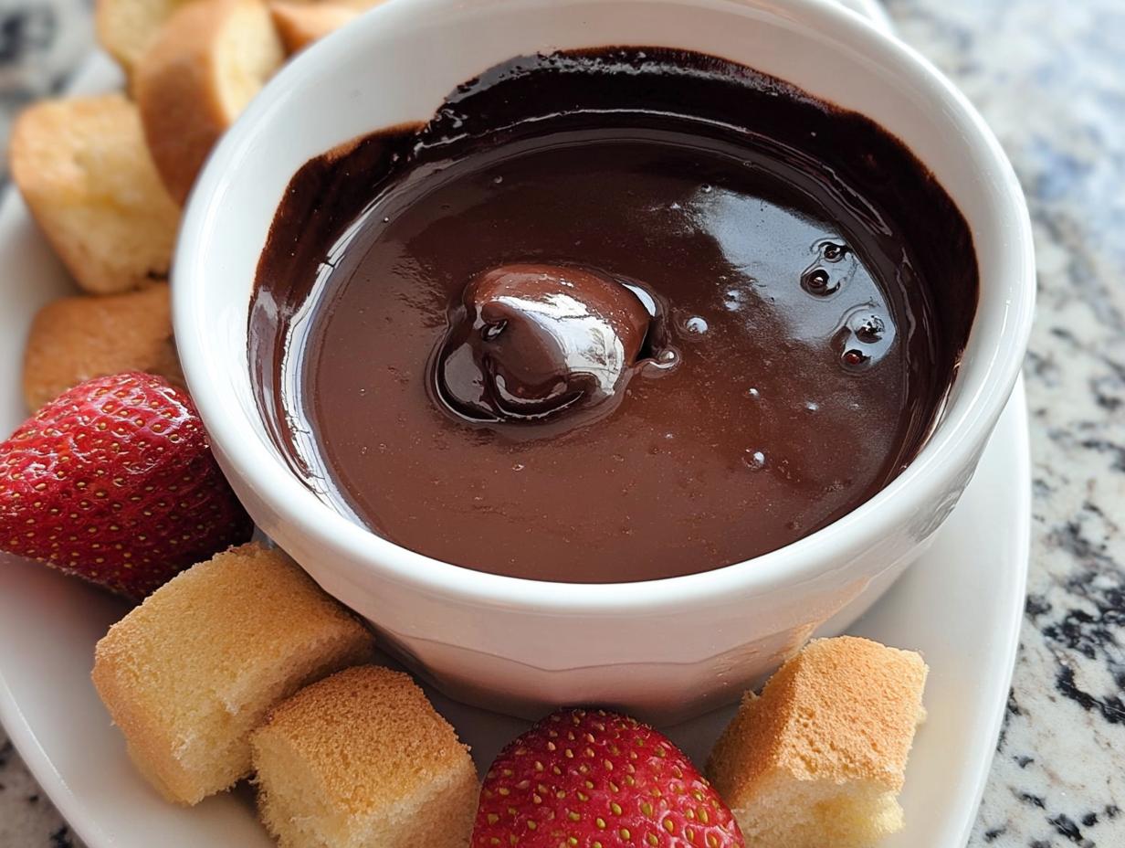 Close-up of smooth, melted chocolate in a white bowl for 3-Ingredient Chocolate Fondue, surrounded by strawberries and pound cake cubes.