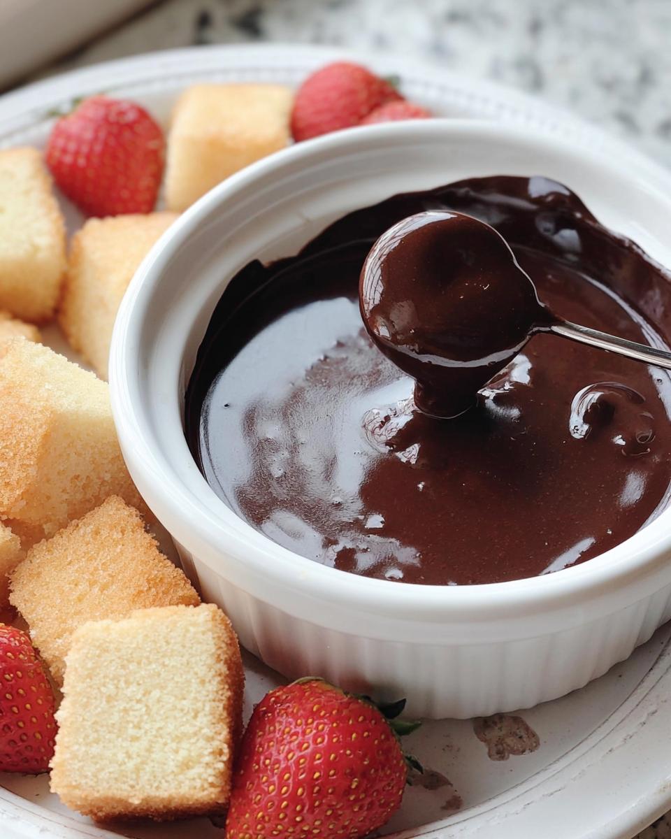 Close-up of a white bowl filled with rich 3-Ingredient Chocolate Fondue, with a spoon coated in chocolate, next to pound cake cubes and strawberries.