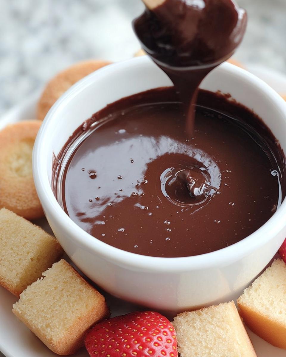 Close-up of a wooden spoon dripping smooth 3-Ingredient Chocolate Fondue into a white bowl surrounded by pound cake and strawberries.