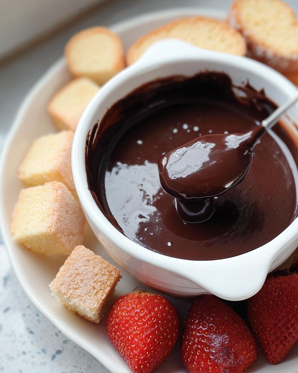 A close-up of a spoon lifting glossy, melted chocolate from a white bowl of 3-Ingredient Chocolate Fondue, surrounded by strawberries and cake pieces.