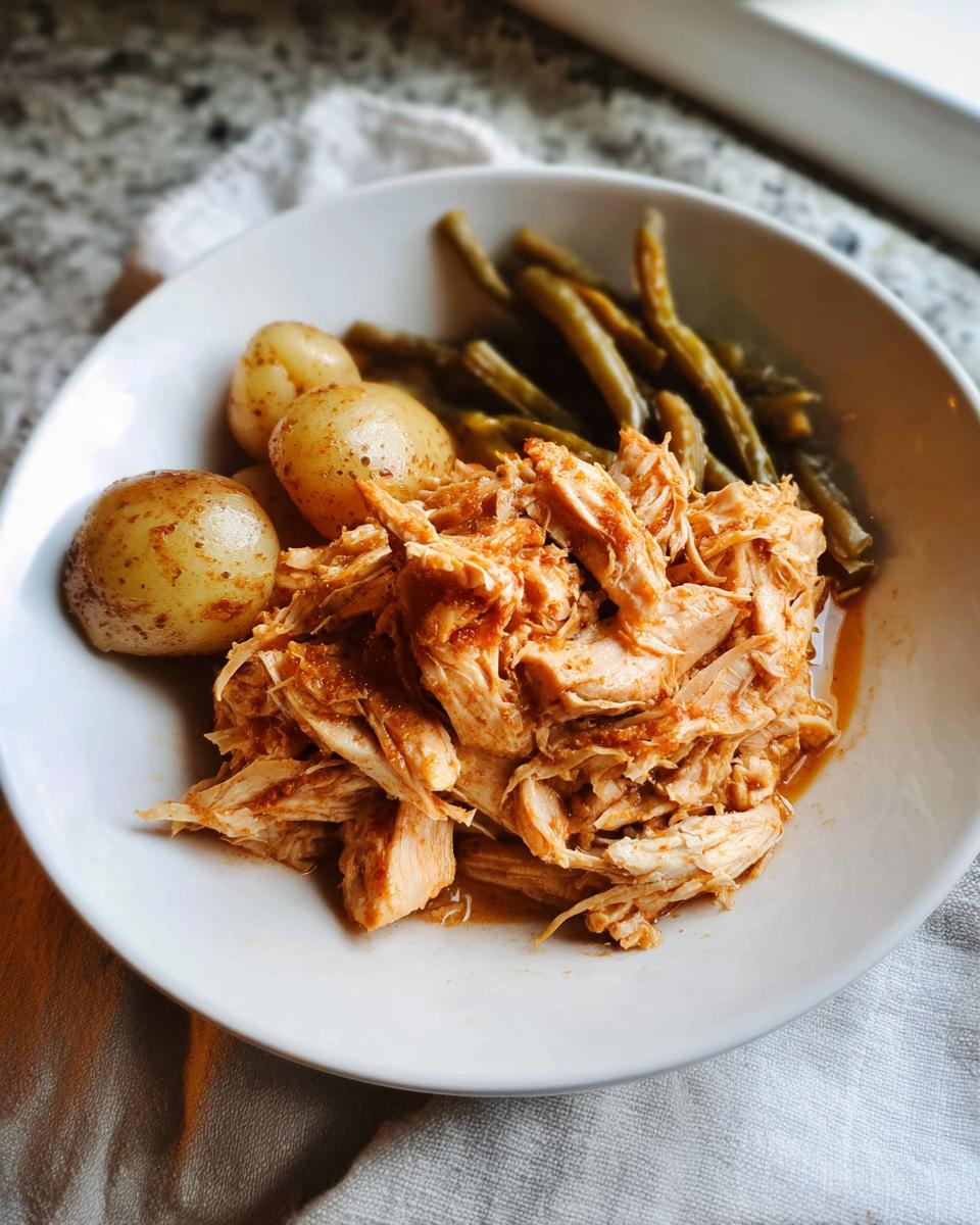 A white bowl filled with shredded 5-Ingredient Crockpot Chicken, small roasted potatoes, and green beans.