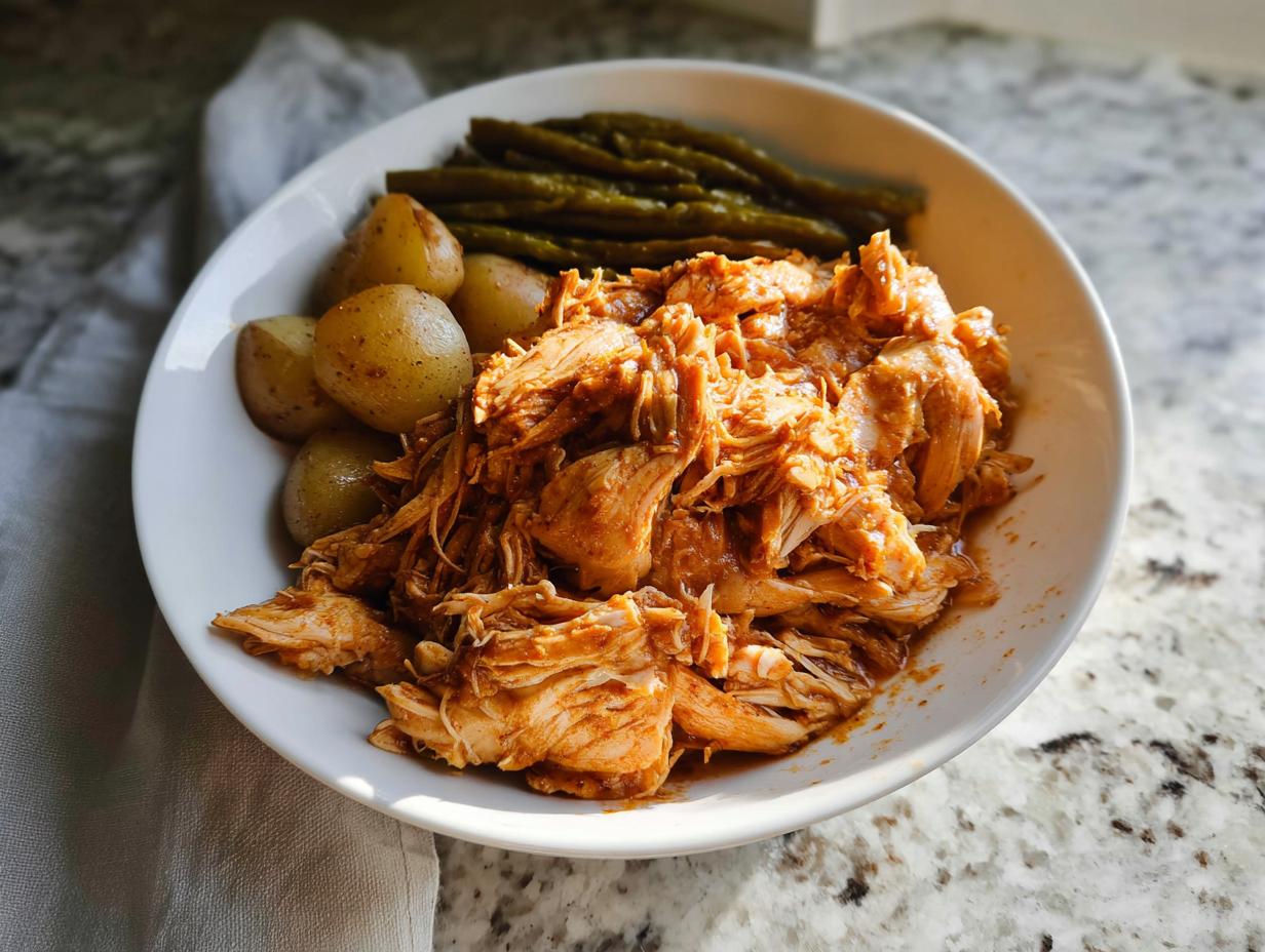 A white bowl filled with shredded 5-Ingredient Crockpot Chicken, small roasted potatoes, and green beans.