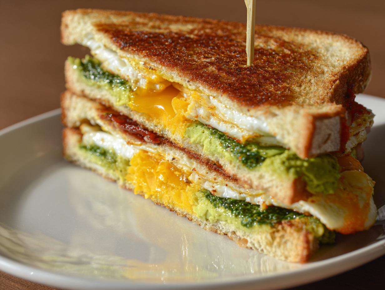 Cross-section of an Aesthetic Breakfast Sandwich Idea featuring layered avocado, pesto, and runny fried eggs on toasted bread.