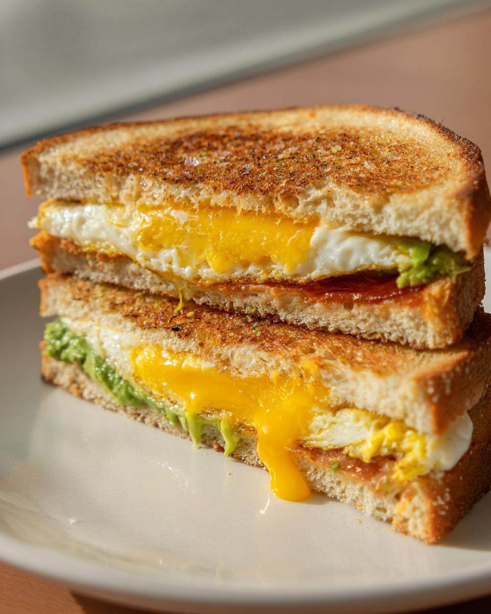 Close-up of a stacked Aesthetic Breakfast Sandwich Idea featuring toasted bread and a runny fried egg.