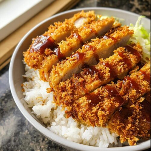 Close-up of a bowl filled with white rice topped with sliced, crispy Air Fryer Chicken Katsu drizzled with sauce.