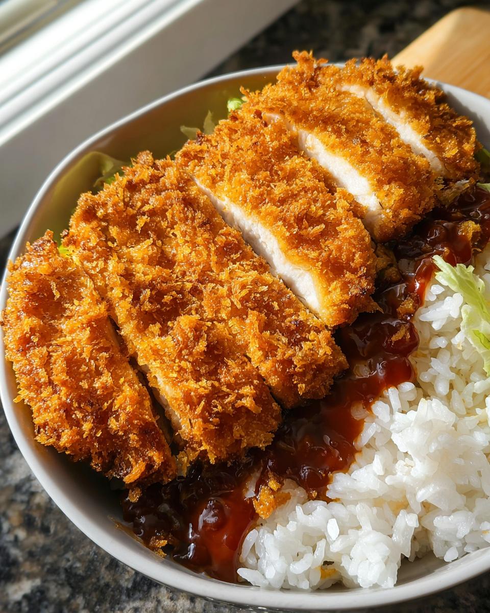 Close-up of a sliced Air Fryer Chicken Katsu Bowl featuring crispy chicken, white rice, and dark sauce.