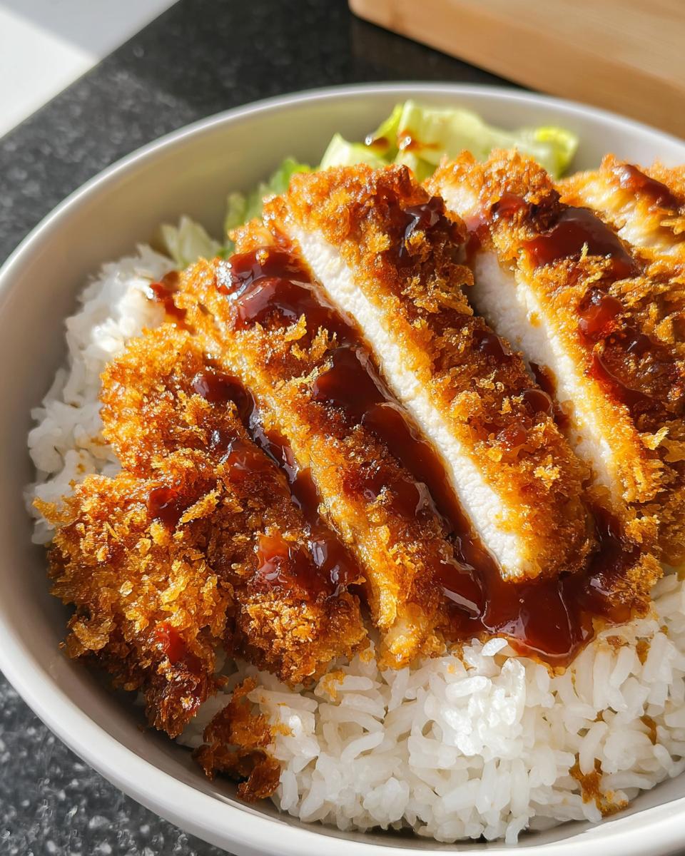 Close-up of sliced Air Fryer Chicken Katsu Bowl with crispy coating served over white rice and drizzled with dark sauce.